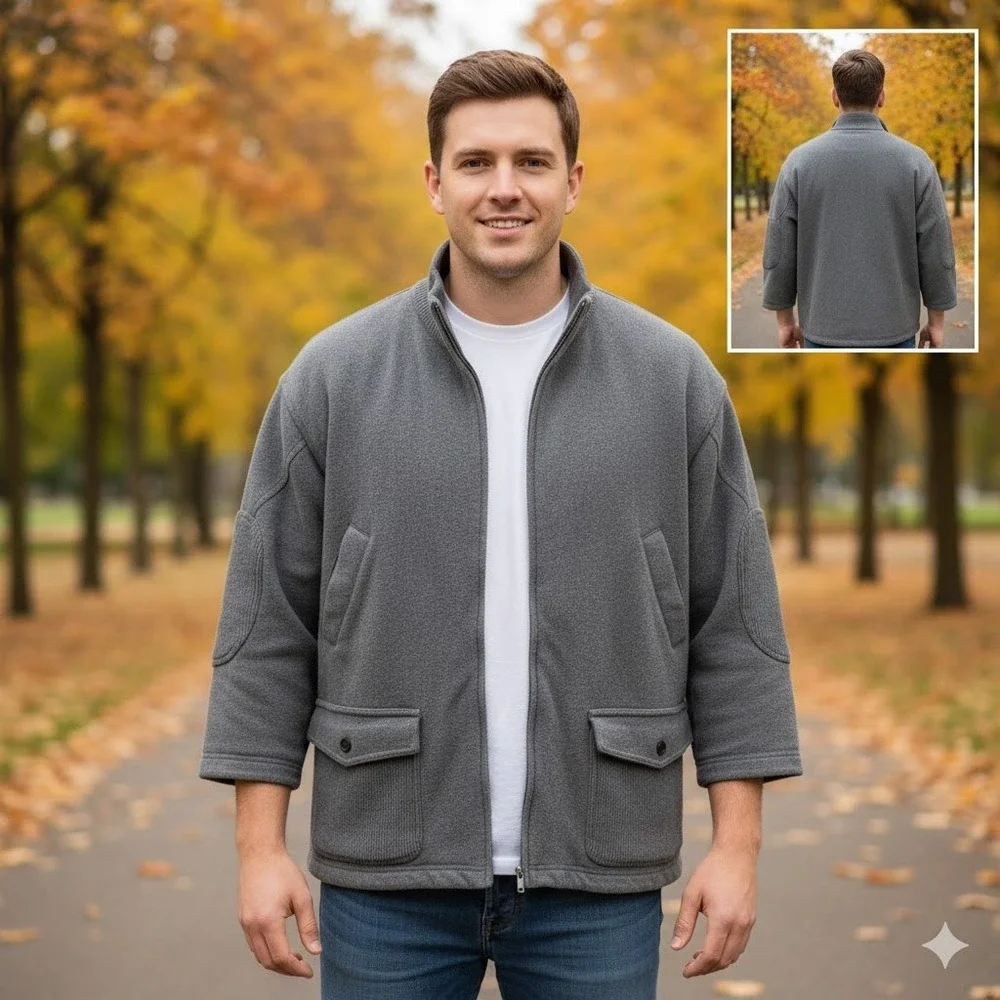 Vintage JONES NEW YORK SPORT Gray Full Zip‎ Chore Barn Coat Mens M Elbow Patches
